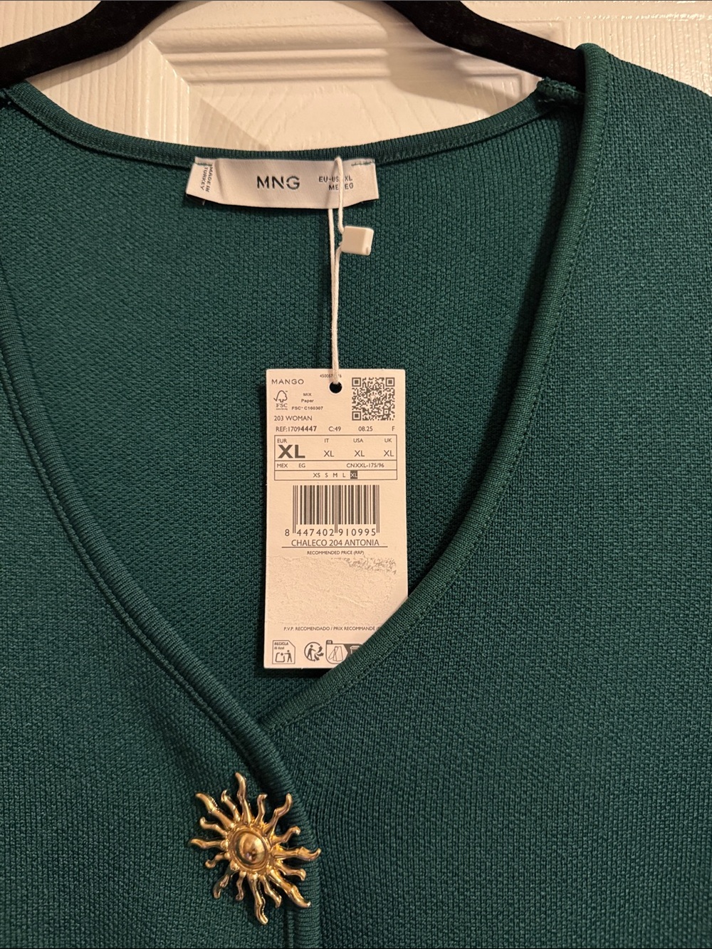 Mango Deep Teal V-Neck Button Front Sleeveless Top - Size XL New With Tags - Picture 2 of 5